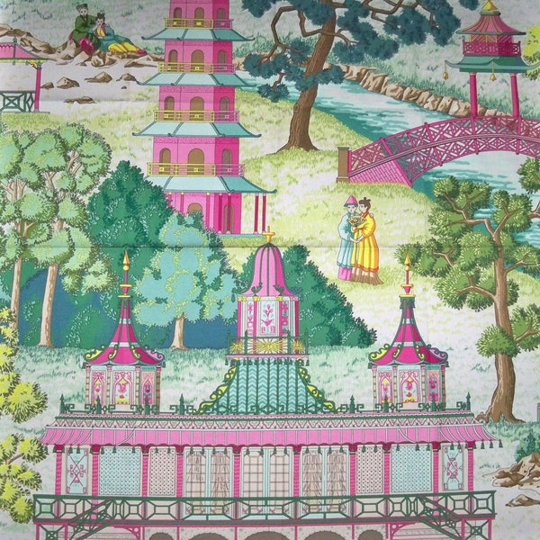 MANUEL CANOVAS Pagoda Asian CHINOISERIE Toile Fabric 3 Yards Rose Green Multi