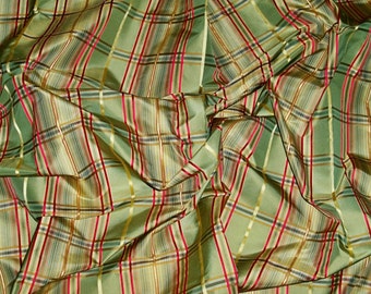 LEE JOFA Kravet SATIN Cord Stripes Check Plaid Silk Taffeta Fabric 10 Yards Green Red Gold