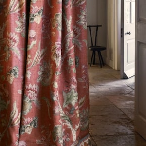 COLEFAX & FOWLER JACOBEAN Bird Floral Tree Linen Fabric 10 Yards Red