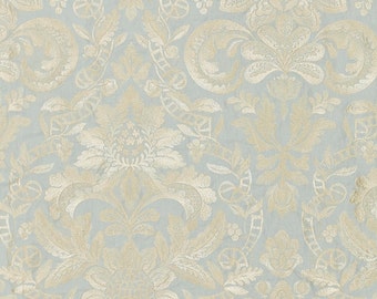 SCALAMANDRE ELIZABETH DAMASK Embroidered Linen Fabric 10 Yards Aquamarine Spa Creams