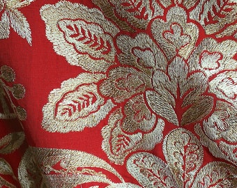 SCALAMANDRE ELIZABETH DAMASK Embroidered Linen Fabric 3 Yards Carnelian Red Creams