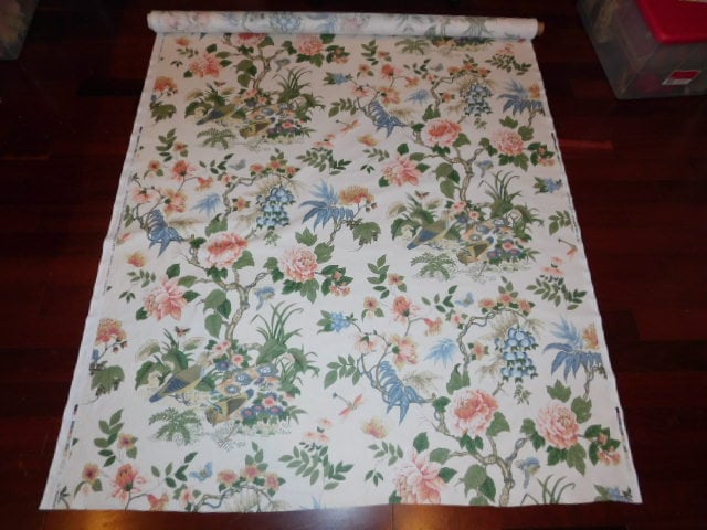 SCHUMACHER PHEASANT BIRDS Chintz Fabric 10 Yards Alabaster Cream Blue ...