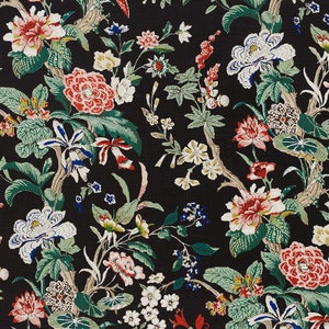 SCHUMACHER BOTANCIAL GARDENS Linen Fabric 10 yards Black Coral Rose Multi