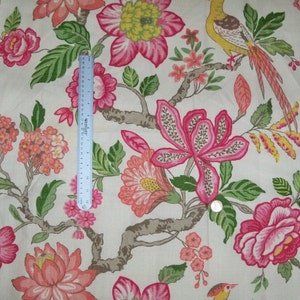 SCHUMACHER Jacobean Tree Of Life Birds Camellias Linen Fabric 10 Yards Rose Pink
