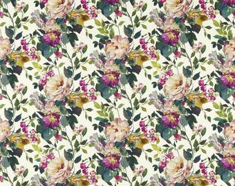 CLARKE & CLARKE Shabby Roses Scrolls Linen Fabric 10 Yards Fuchsia Multi