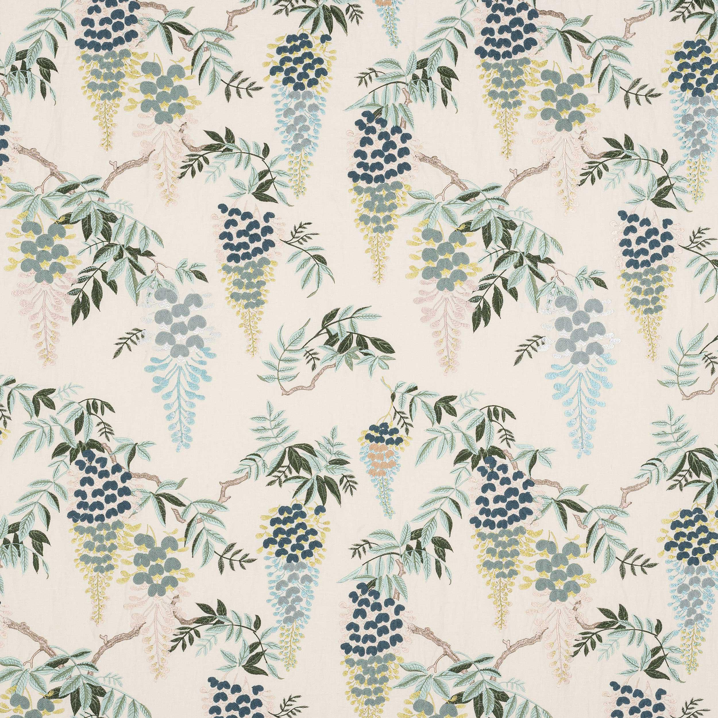 COLEFAX & FOWLER Hanging Floral Embroidered Linen Fabric 10 Yards Blue Multi
