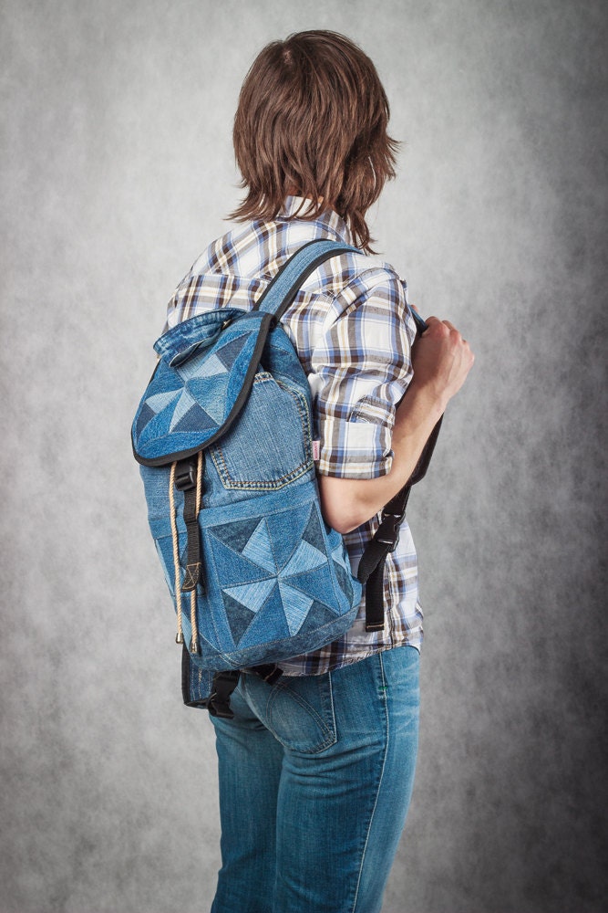 Unique Patchwork Upcycled Eco Jeans Denim Backpack Sailor Bag