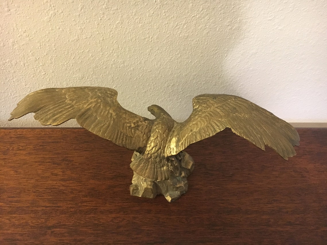 Large Brass Eagle Perched on Rock with Spread Wings Statue / Etsy
