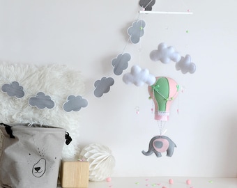 Baby mobile - Hot air balloon mobile - Elephant mobile - Nursery decor - Felt mobile - Crib mobile - Cloud mobile-Felt decor -Balloon mobile