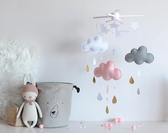 Baby mobile - Cloud mobile - Raindrop mobile - Felt mobile - Gold - Nursery decor - Rain cloud mobile - Star mobile-Raindrop - Crib mobile