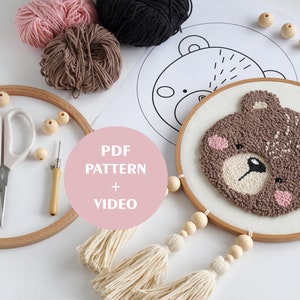 Punch needle pattern - Bear punch needle - Wall hanging decor - PDF pattern - Printable pattern - Embroidery pattern-Bear pattern-Bear decor