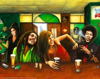 The Last Supper or the first one in heaven (Dead rockstars sitting at the pub).Janis joplin, Bob marley, Jim morrison, Amy winehouse
