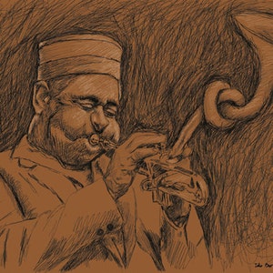 Op de afbeelding: Sepia-getinte schets van een muzikant die trompet speelt. De bel van de trompet is geknoopt. De muzikant draagt een hoed en jasje, de ogen gesloten. Het kunstwerk is rechtsonder gesigneerd. Jazz thema.