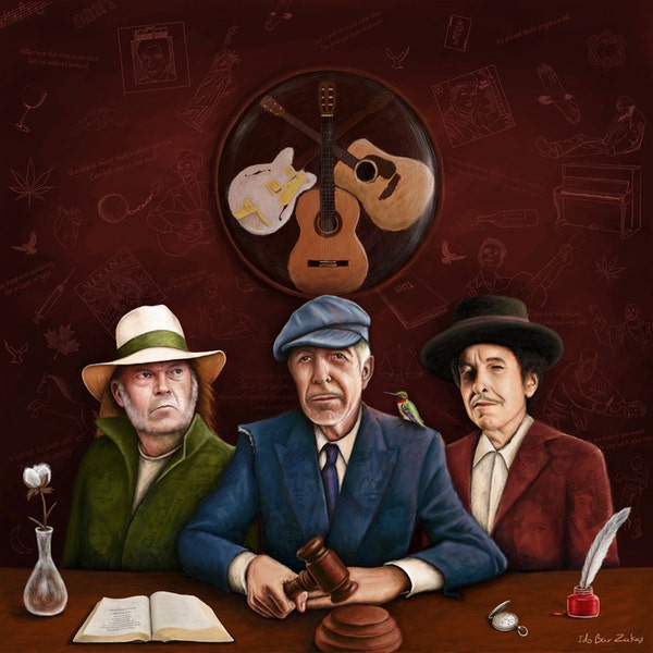 Bob Dylan, Leonard Cohen, Neil Young, The Judges. Homage to a great singer songwriters.