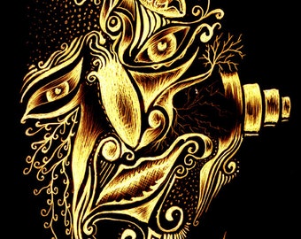 Face in the black, yellow golden ornament