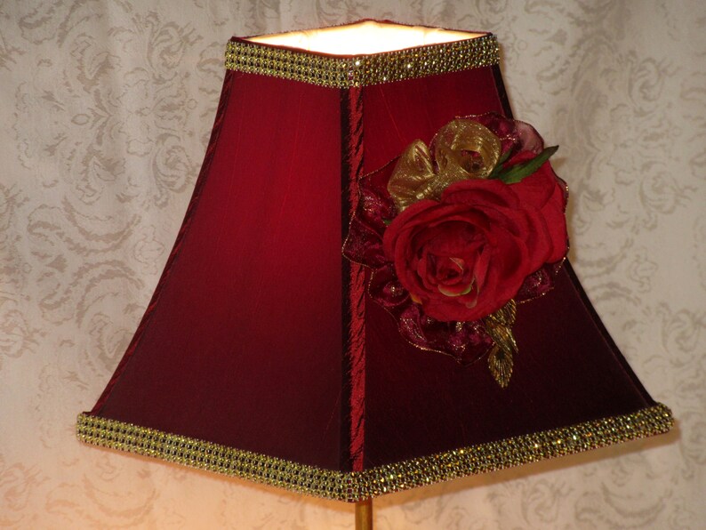 Gold Burdy Lamp Shade W Roses Romantic Elegant Bling 8 5 H X 9 Chic Square Faux Rhinestone Trim