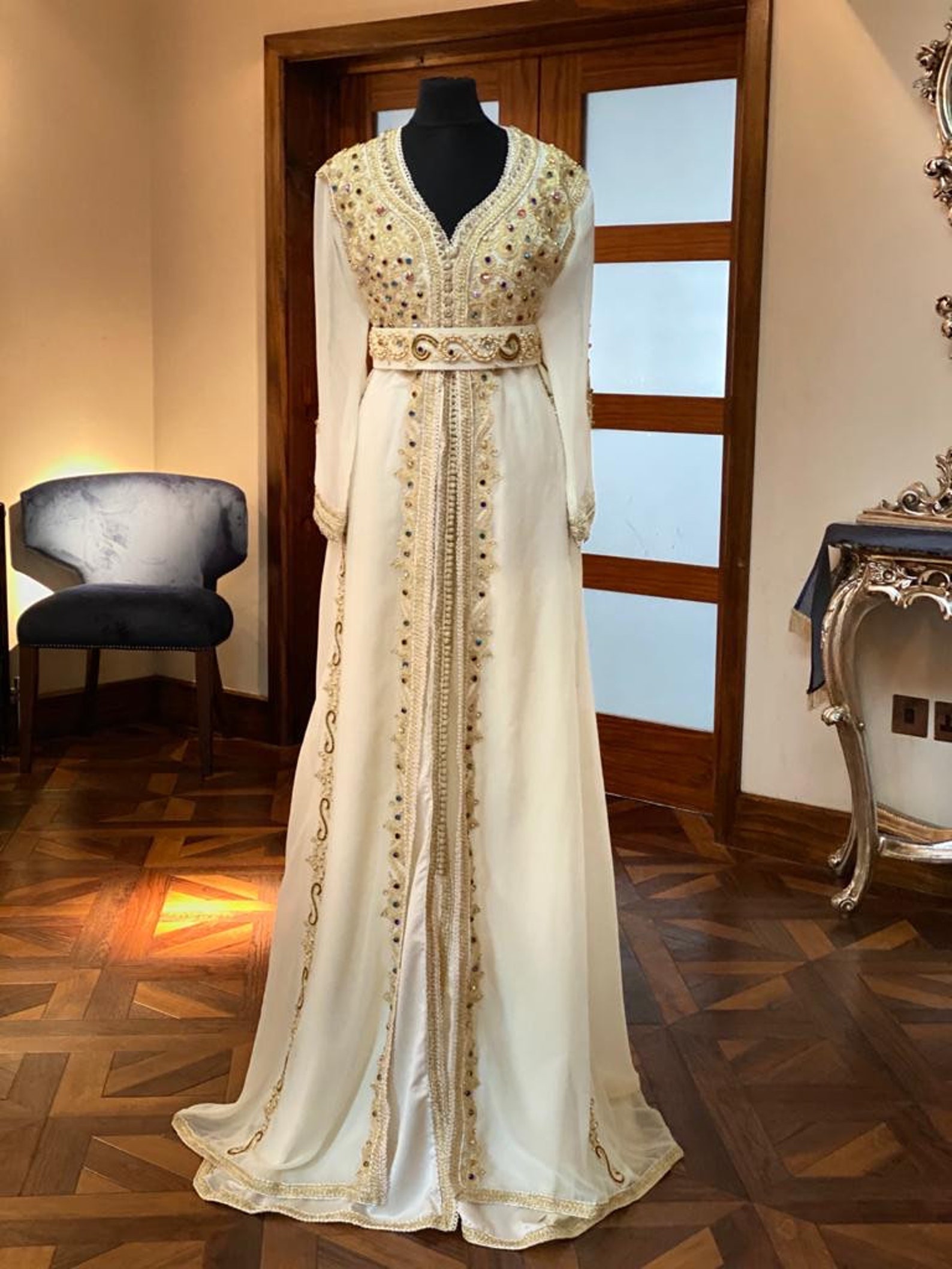 MH20 Gold Lace Kaftan Abaya | Luxury Khaleeji Maxi Dress with Inner Belt