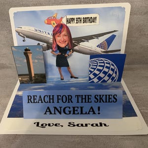 Pilot or flight attendant BOBBLEHEAD customized birthday pop up card