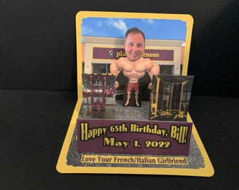 Gym or Exercise Birthday BOBBLHEHEAD Pop Up Card personalized