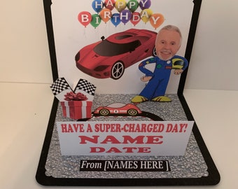 BOBBLEHEAD RACE car theme Birthday pop up card personalized