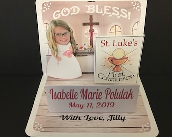 BOBBLEHEAD FIRST COMMUNION, Confirmation or Baptism Pop Up card personalized