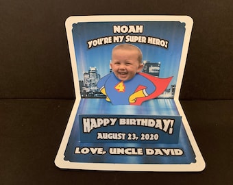 Superhero BOBBLEHEAD Birthday Pop Up  Card customized