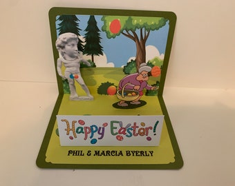 Easter Pop Up card with Bobblehead of Statue of David and Grandma hiding eggs