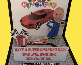 Racing car theme Birthday BOBBLEHEAD pop up card personalized
