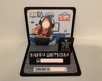 Computer Game BOBBLEHEAD Birthday pop up card personalized