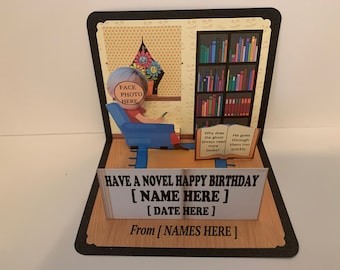 BOBBLEHEAD Book / Reading  Lover  Birthday pop up card personalized