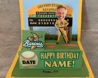 Banana style Baseball Birthday BOBBLEHEAD Pop Up Card personalized