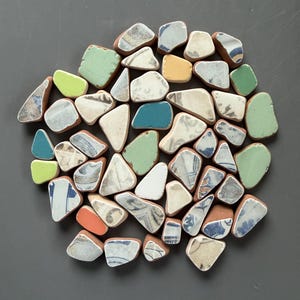 Può includere: Una collezione di frammenti di ceramica assortiti di varie forme e dimensioni. I pezzi presentano un mix di colori solidi tra cui verde chiaro, verde acqua e arancione, insieme a frammenti bianchi decorati con motivi blu, grigi e marroni.