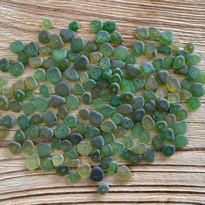 Puede incluir: Un conjunto de cuentas de vidrio marino verdes, en tonos que van desde el oliva claro hasta el verde bosque oscuro, sobre una superficie de madera envejecida. Cada cuenta es ovalada con un peque&ntilde;o agujero, ideal para joyer&iacute;a o manualidades.