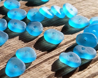 10-14mm Center drilled Sea  Glass beads blue sky