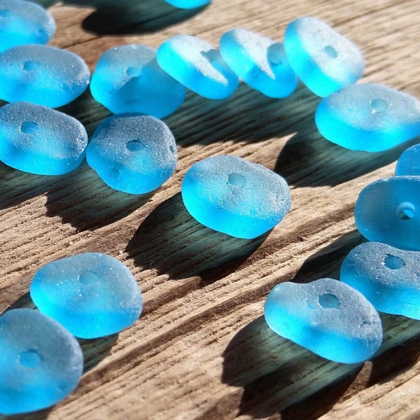 10-14mm Center drilled Sea  Glass beads blue sky