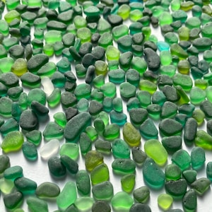 Puede incluir: Una colección de pequeños trozos de vidrio de mar lisos y verdes. El vidrio de mar es de varios tonos de verde, desde claro hasta oscuro.