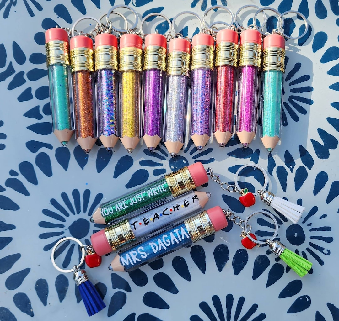 Glitter Pencil Keychains Personalized Teacher Appreciation Etsy
