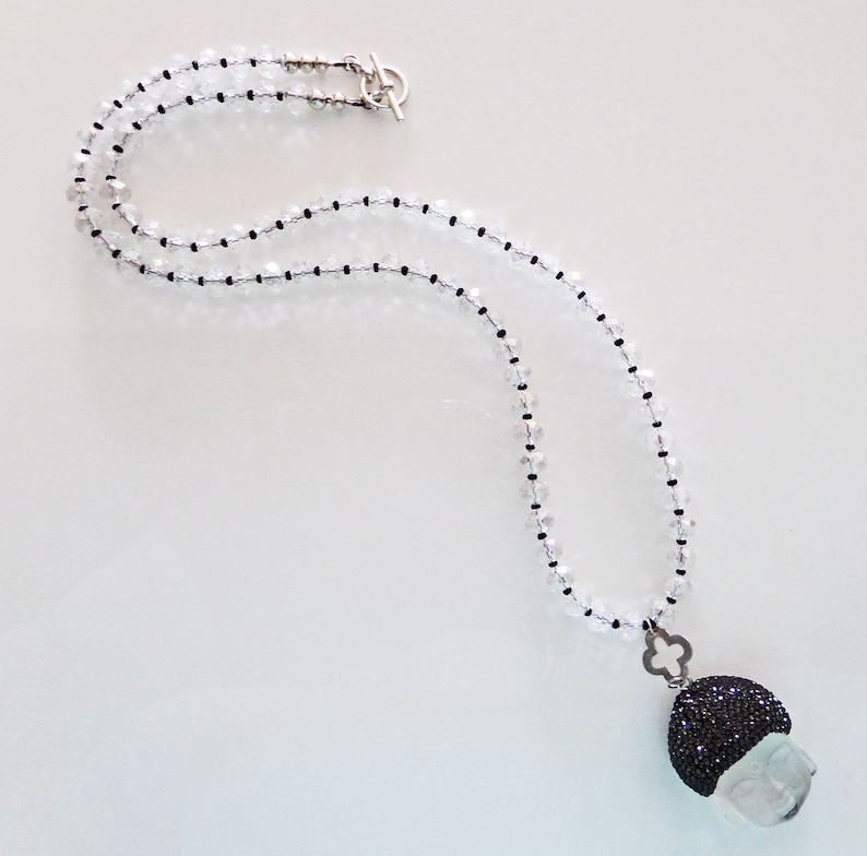 Carved Quartz Crystal Buddha Pendant Necklace Black Pave Etsy