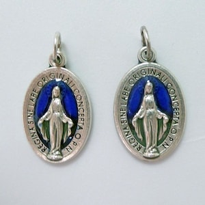 2 Miraculous Mary Medals Blue Enamel Oval Italy Charms Pendants Catholic