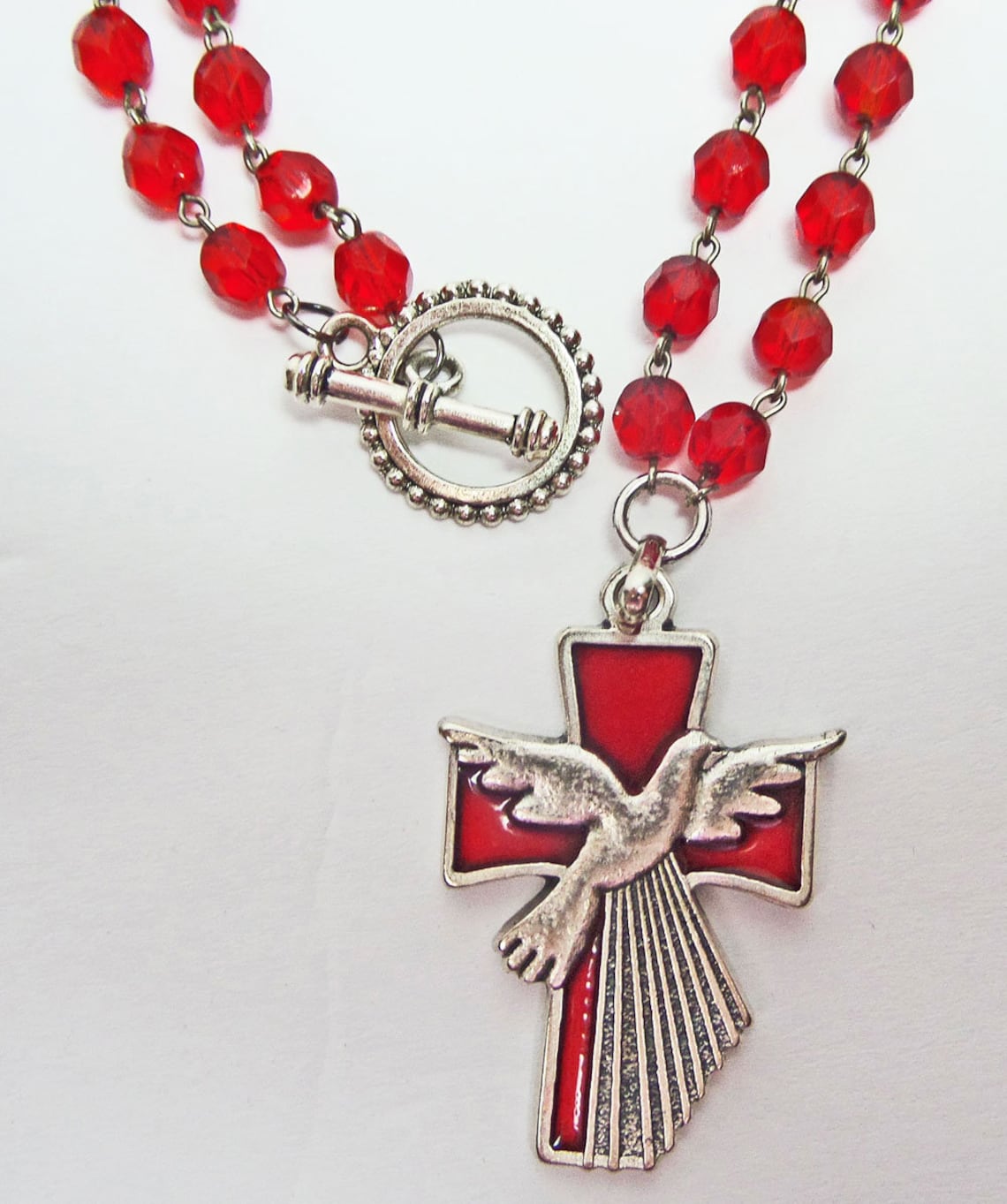 Confirmation Cross Pendant Necklace Rosary Beads Handmade Dove Etsy