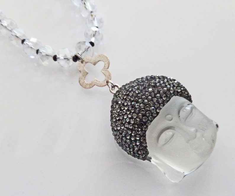 Carved Quartz Crystal Buddha Pendant Necklace Black Pave Etsy