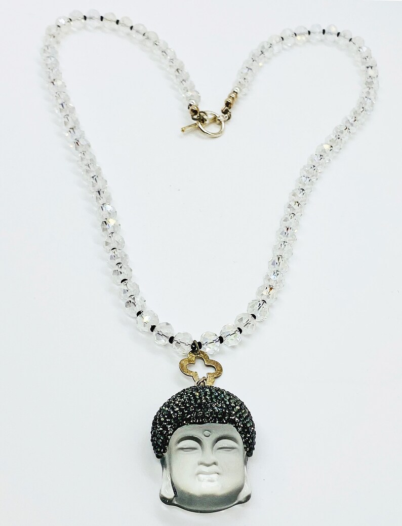 Carved Quartz Crystal Buddha Pendant Necklace Black Pave Etsy