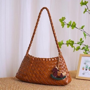 Genuine leather hand-woven bag, top layer cowhide shoulder bag, leather woven bag, women&#39;s tote bag, gift for wife and mother