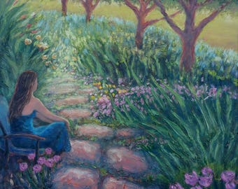 Original landscape painting, woman in landscape, floral painting, flower art, art print, gift for garden lovers