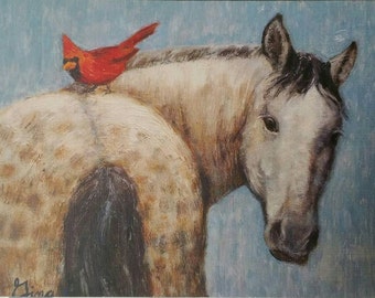 4 pack of note cards - Horse and bird artwork, horse cards, gift for horse lovers, bird cards, art cards, small gift