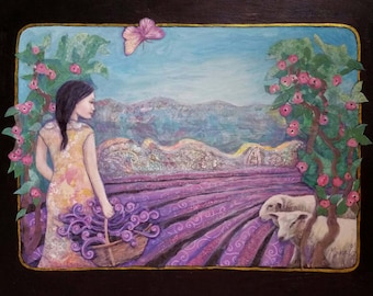 Lavender Field Painting: Woman, Sheep, Butterfly - Original Acrylic Collage Art