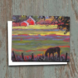 May include: A painting of a red barn in a field with a dark horse grazing in the foreground. The field is painted with shades of green, yellow, and purple.