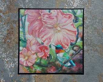 Hummingbird Art Print: Hollyhocks on Slate Tile, Bird Lover Gift