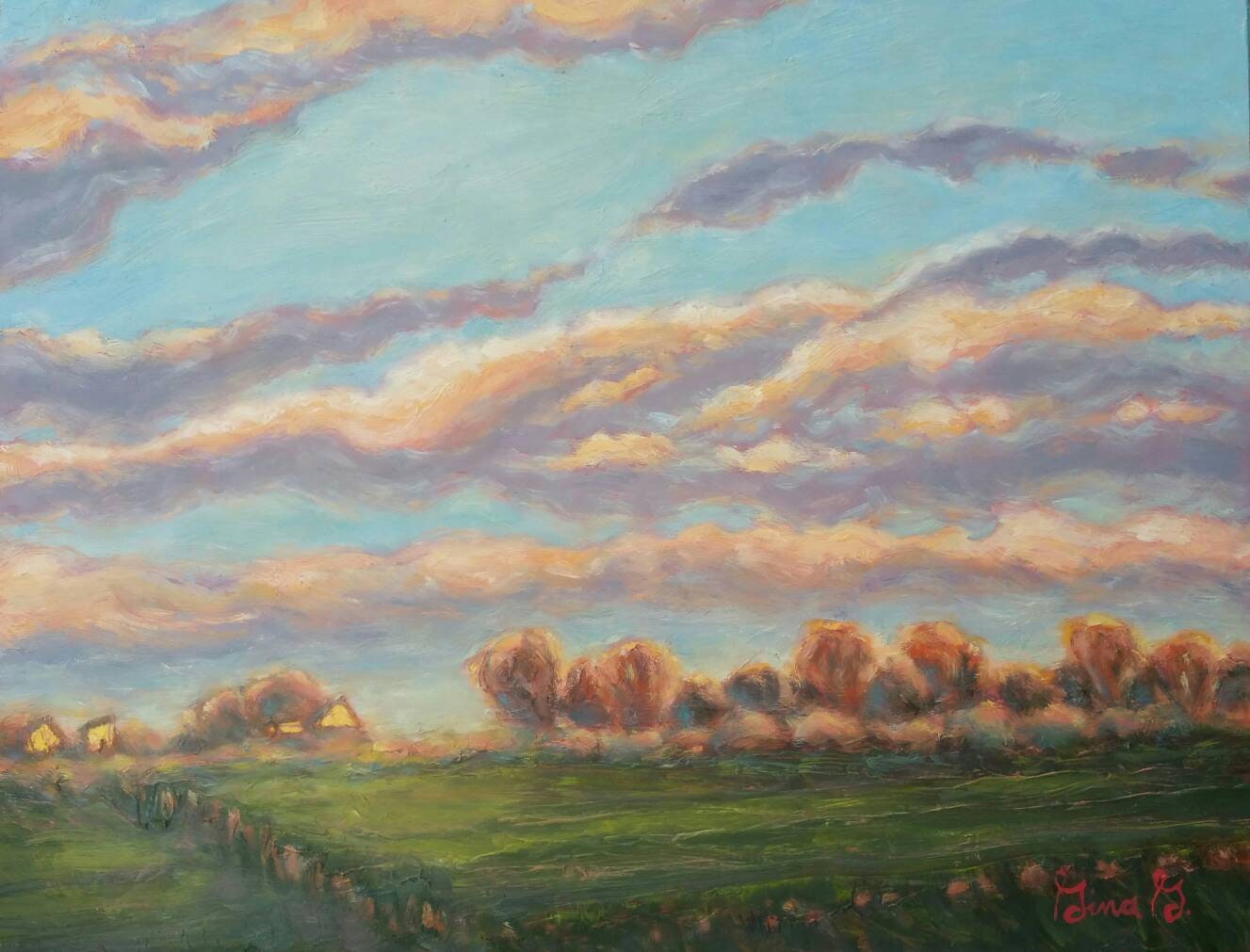 Landscape painting, peaceful landscape, farm fields, original painting, original art, art print, sunset, miniature art, affordable art