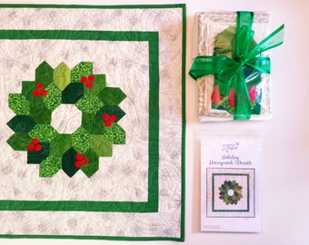 Holiday Honeycomb Wreath Quilt Pattern, Sewing Pattern Complete Kit